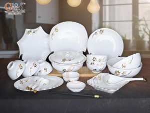 Bộ đồ ăn men trắng hoa Sen kẻ viền vàng 24k, 20 chi tiết