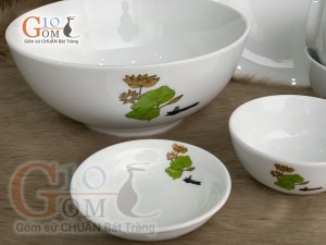 Bộ đồ ăn men trắng in logo