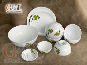 Bộ đồ ăn men trắng in logo