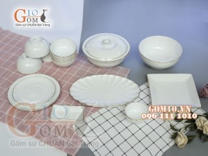 Bộ đồ ăn men trắng kẻ chỉ vàng kim 002