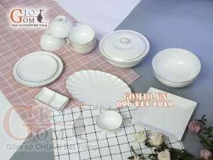 Bộ đồ ăn men trắng kẻ chỉ vàng kim 002