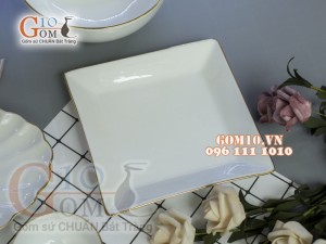 Bộ đồ ăn men trắng kẻ chỉ vàng kim 002