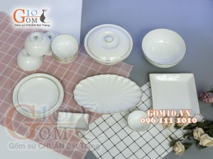 Bộ đồ ăn men trắng kẻ chỉ vàng kim 002