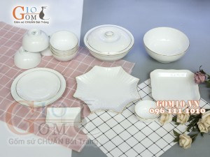 Bộ đồ ăn men trắng kẻ chỉ vàng kim 003