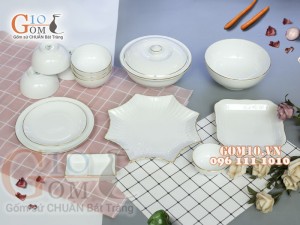 Bộ đồ ăn men trắng kẻ chỉ vàng kim 003