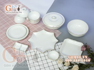Bộ đồ ăn men trắng kẻ chỉ vàng kim 003