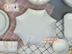 Bộ đồ ăn men trắng kẻ chỉ vàng kim 003
