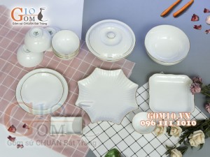 Bộ đồ ăn men trắng kẻ chỉ vàng kim 003