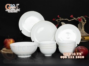 Bộ đồ ăn men trắng kẻ chỉ vàng kim, 10 chi tiết