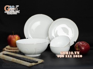 Bộ đồ ăn men trắng kẻ chỉ vàng kim, 5 chi tiết