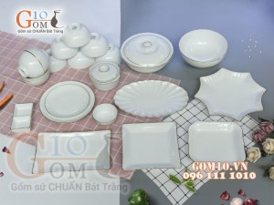 Bộ đồ ăn men trắng kẻ chỉ vàng kim, đầy đủ
