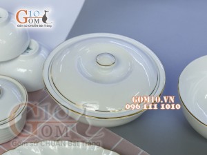 Bộ đồ ăn men trắng kẻ chỉ vàng kim, đầy đủ