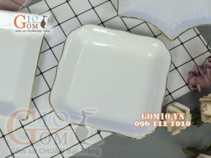 Bộ đồ ăn men trắng kẻ chỉ vàng kim, đầy đủ