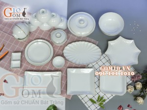 Bộ đồ ăn men trắng kẻ chỉ vàng kim, đầy đủ