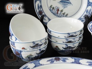 Bộ đồ ăn men trắng vẽ cảnh Hà Nội