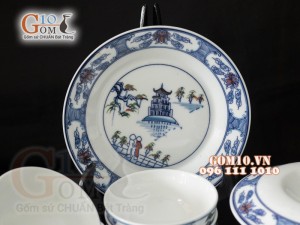 Bộ đồ ăn men trắng vẽ cảnh Hà Nội