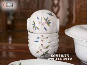 Bộ đồ ăn men trắng vẽ chuồn chuồn tre