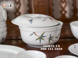 Bộ đồ ăn men trắng vẽ chuồn chuồn tre