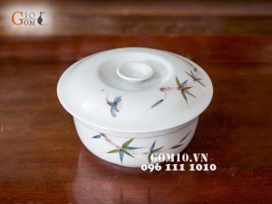 Bộ đồ ăn men trắng vẽ chuồn chuồn tre