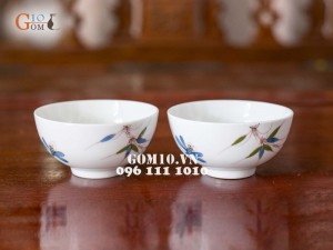 Bộ đồ ăn men trắng vẽ chuồn chuồn tre