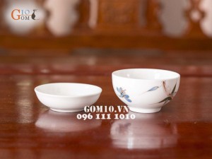 Bộ đồ ăn men trắng vẽ chuồn chuồn tre