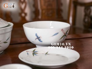 Bộ đồ ăn men trắng vẽ chuồn chuồn tre