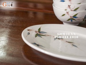 Bộ đồ ăn men trắng vẽ chuồn chuồn tre