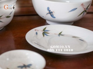 Bộ đồ ăn men trắng vẽ chuồn chuồn tre