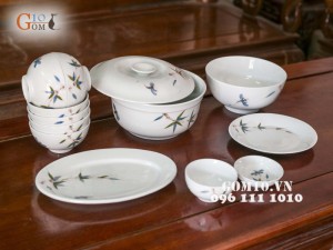 Bộ đồ ăn men trắng vẽ chuồn chuồn tre