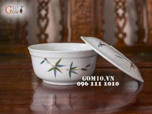 Bộ đồ ăn men trắng vẽ chuồn chuồn tre