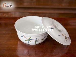 Bộ đồ ăn men trắng vẽ chuồn chuồn tre