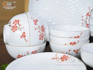 Bộ đồ ăn men trắng vẽ Đào đỏ, 14 chi tiết