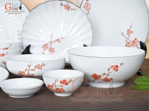 Bộ đồ ăn men trắng vẽ Đào đỏ, 14 chi tiết