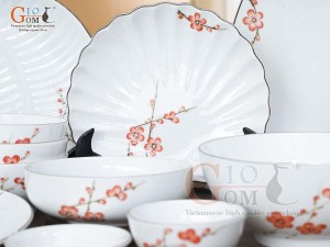 Bộ đồ ăn men trắng vẽ Đào đỏ, 14 chi tiết