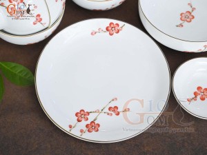 Bộ đồ ăn men trắng vẽ Đào đỏ, 14 chi tiết