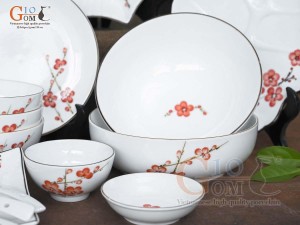 Bộ đồ ăn men trắng vẽ Đào đỏ, 19 chi tiết