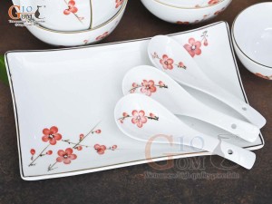 Bộ đồ ăn men trắng vẽ Đào đỏ, 19 chi tiết