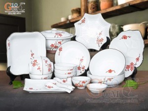 Bộ đồ ăn men trắng vẽ Đào đỏ, 19 chi tiết