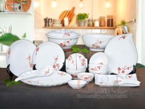 Bộ đồ ăn men trắng vẽ hoa Đào đỏ, 19 chi tiết
