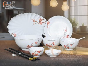 Bộ đồ ăn men trắng vẽ hoa Đào đỏ, 10 chi tiết