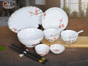 Bộ đồ ăn men trắng vẽ hoa Đào đỏ, 10 chi tiết
