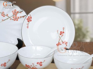 Bộ đồ ăn men trắng vẽ hoa Đào đỏ, 10 chi tiết