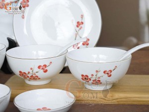 Bộ đồ ăn men trắng vẽ hoa Đào đỏ, 10 chi tiết