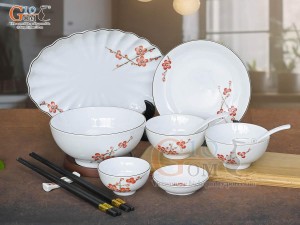 Bộ đồ ăn men trắng vẽ hoa Đào đỏ, 10 chi tiết