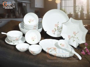 Bộ đồ ăn men trắng vẽ hoa Đào hồng, 15 chi tiết