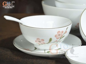 Bộ đồ ăn men trắng vẽ hoa Đào hồng, 15 chi tiết
