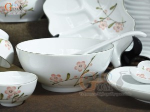 Bộ đồ ăn men trắng vẽ hoa Đào hồng, 18 chi tiết