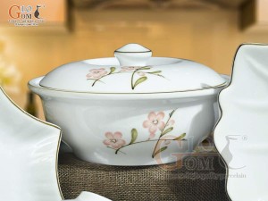 Bộ đồ ăn men trắng vẽ hoa Đào hồng, 18 chi tiết