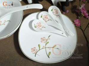 Bộ đồ ăn men trắng vẽ hoa Đào hồng, 18 chi tiết