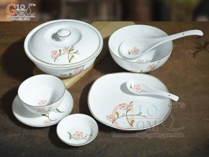 Bộ đồ ăn men trắng vẽ hoa Đào hồng, 8 chi tiết
